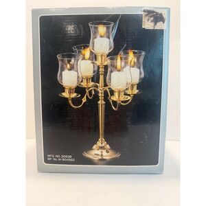 Vintage Solid Brass 5-Lite Candelabra with Glass Chimneys Model 30938 11.5in